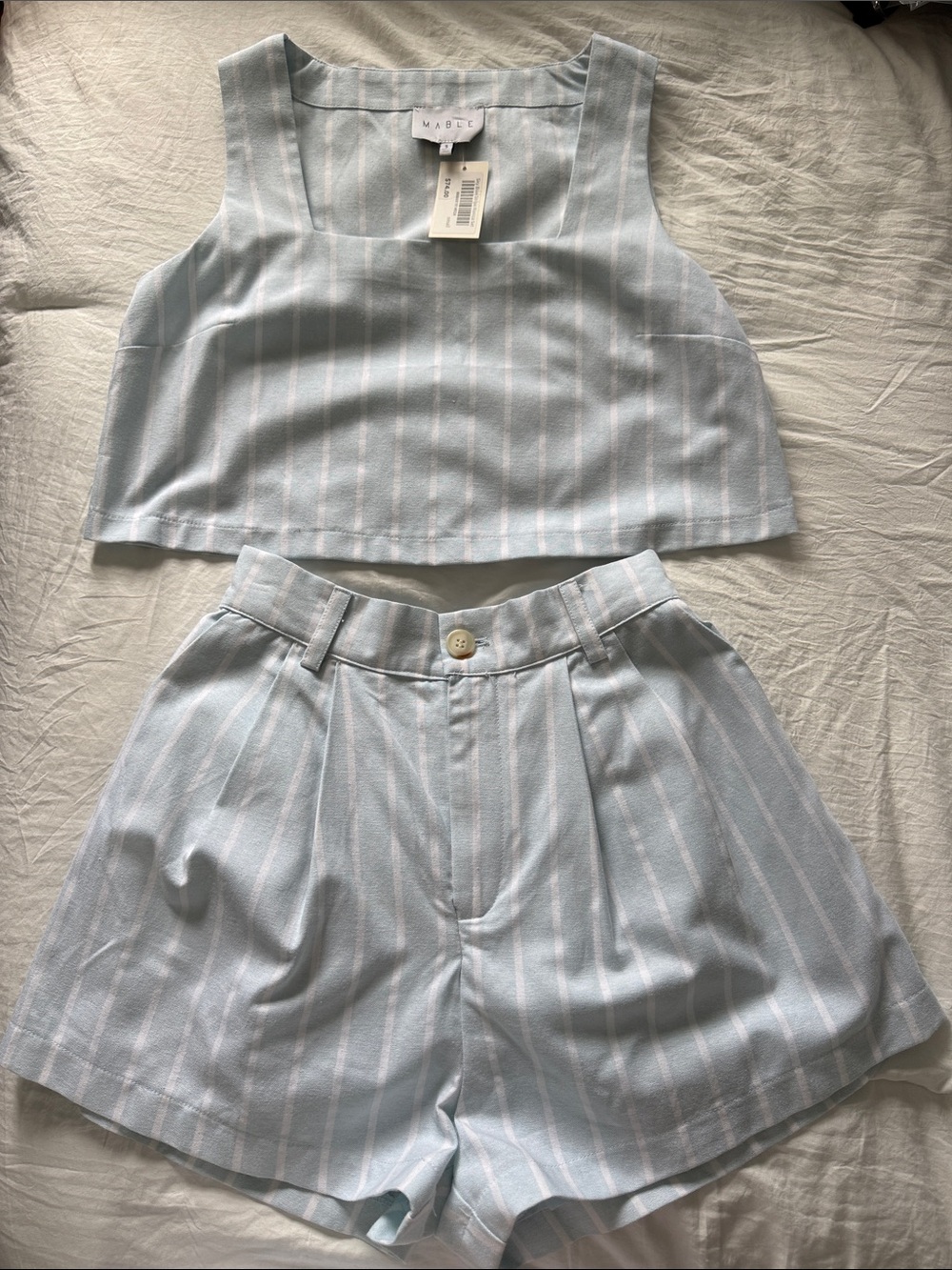 Mable Light Blue and White Striped two piece Set - Crop Top & High-Waist Shorts